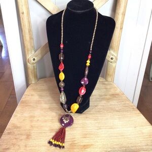 Vintage 80’s Boho Multicolored Beaded Stone Long Tassel Pendant Necklace
